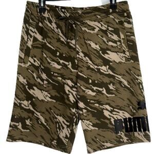 Puma Big Logo Fleece Camo 11" Shorts Drawstring Pockets Green Mens Size Medium